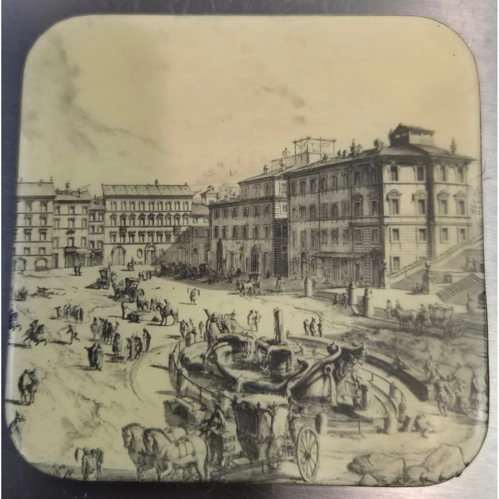 Vintage‎ Rome Italy Architectural Etching Coasters Set of 7 Red Backing Landmark
